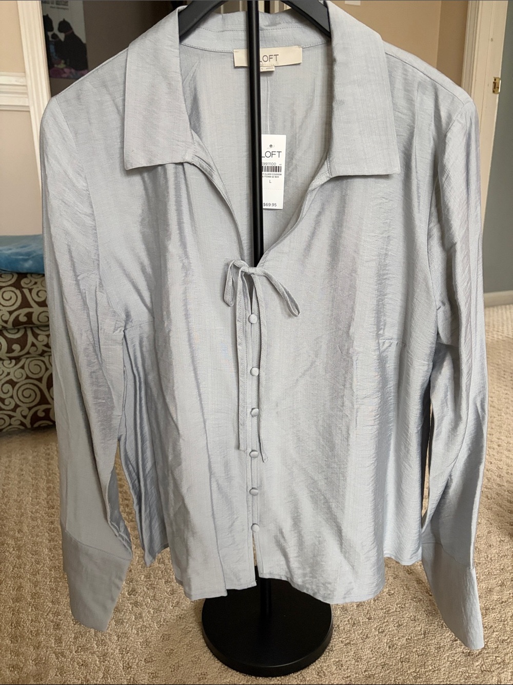 LOFT Gray Button-Front Tie-Neck Blouse